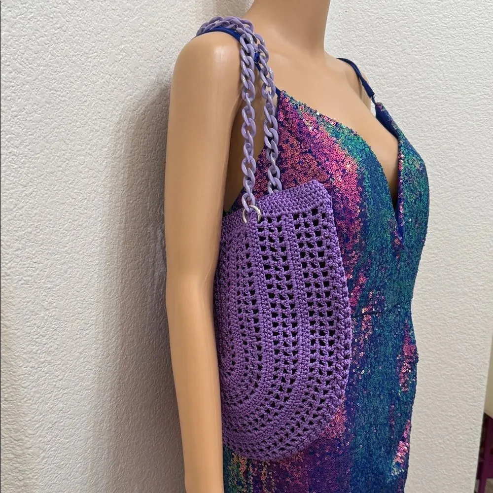 Elegant Purple Crochet Shoulder Bag 12 X 12 In Black Lining Silver Snap Closure